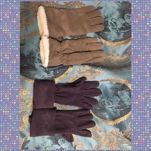 Winter Gloves. Fur lined taupe Suede. fleece plum